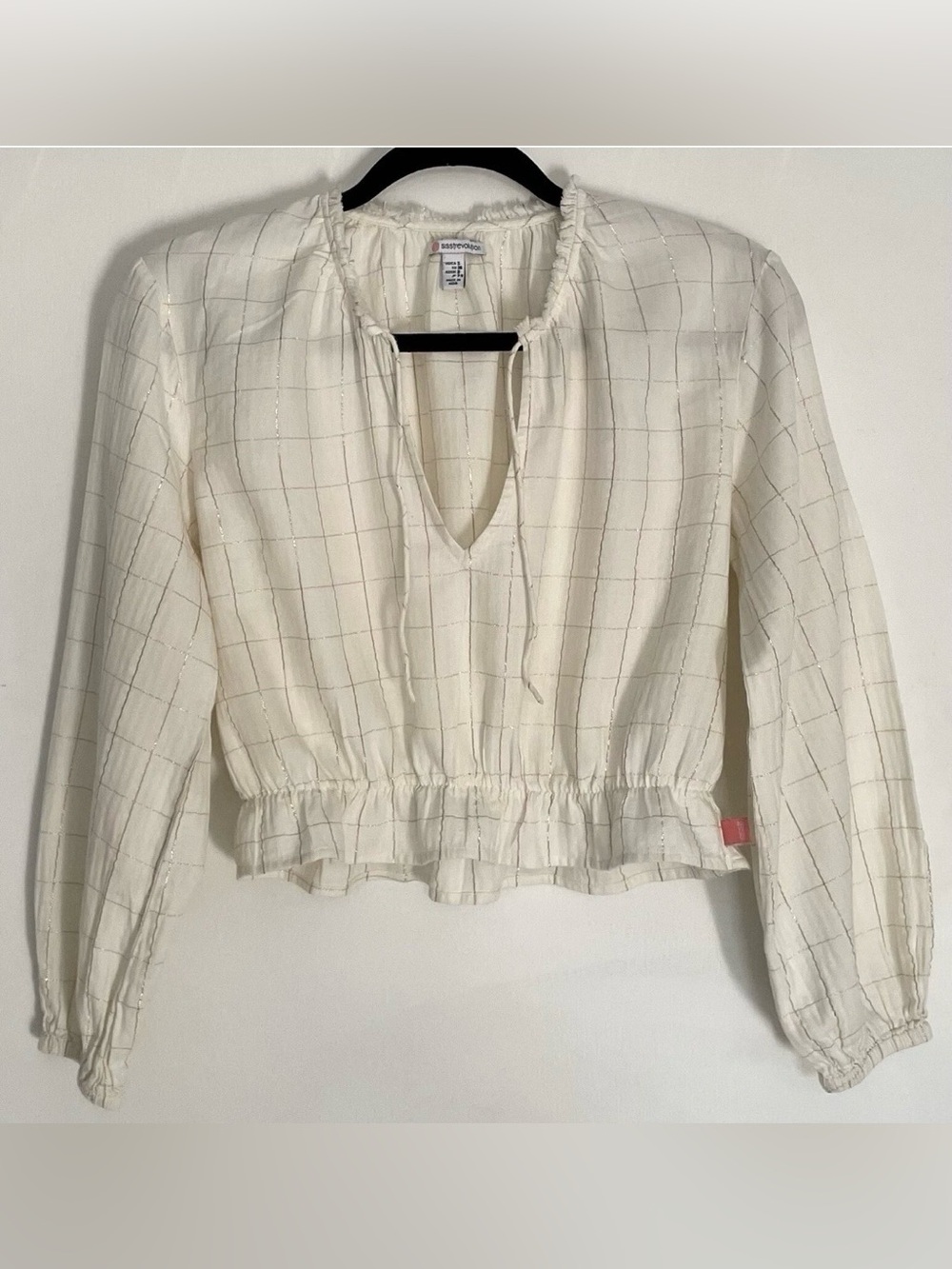 Light Cream Windowpane Tie-Neck Peasant Blouse